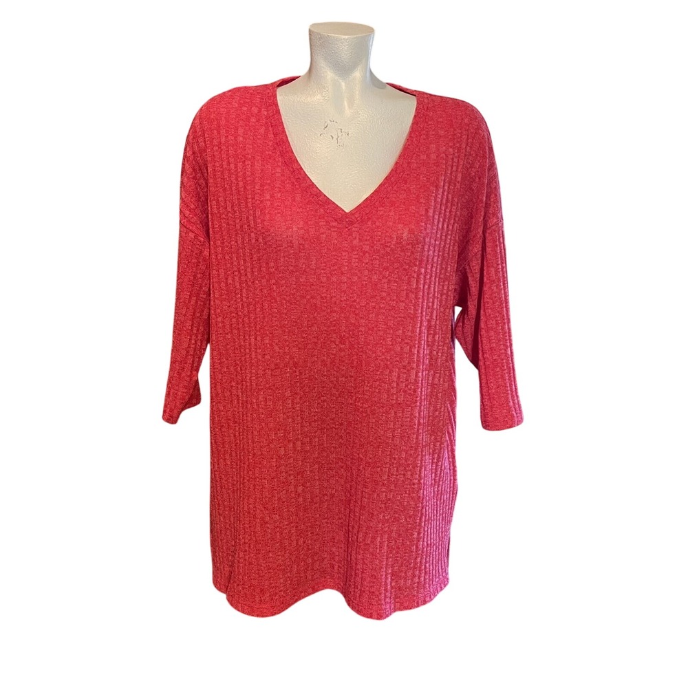 Ribbed Knit Top V-Neck 3/4 Sleeve Tunic Lightweight‎ Casual Coral